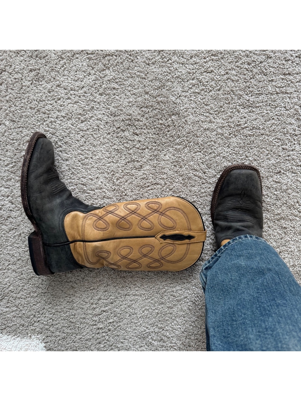 Tony Lama Cowboy Boots Womens 9B Black Tan Leather Square Toe Style 3702